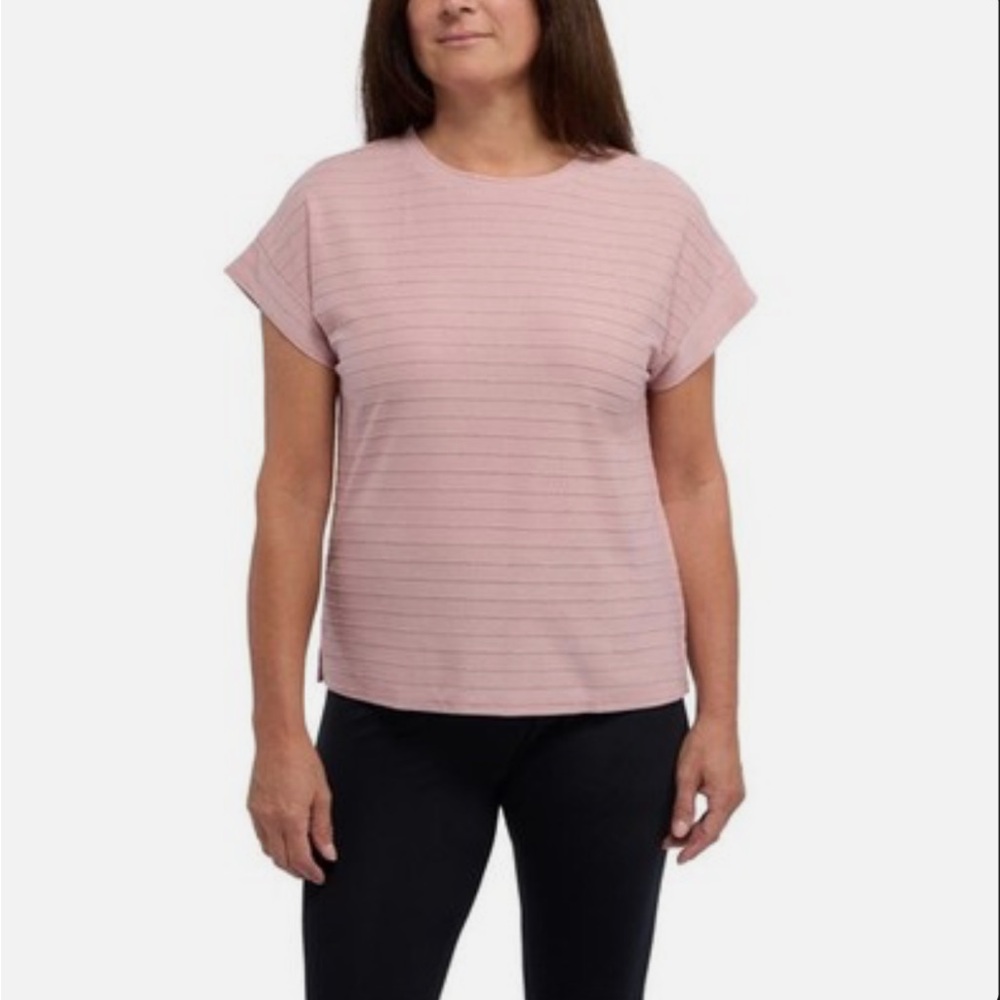 New! NWT Ellen Tracy Metallic Striped Short Sleeve Pink Top, Size XL